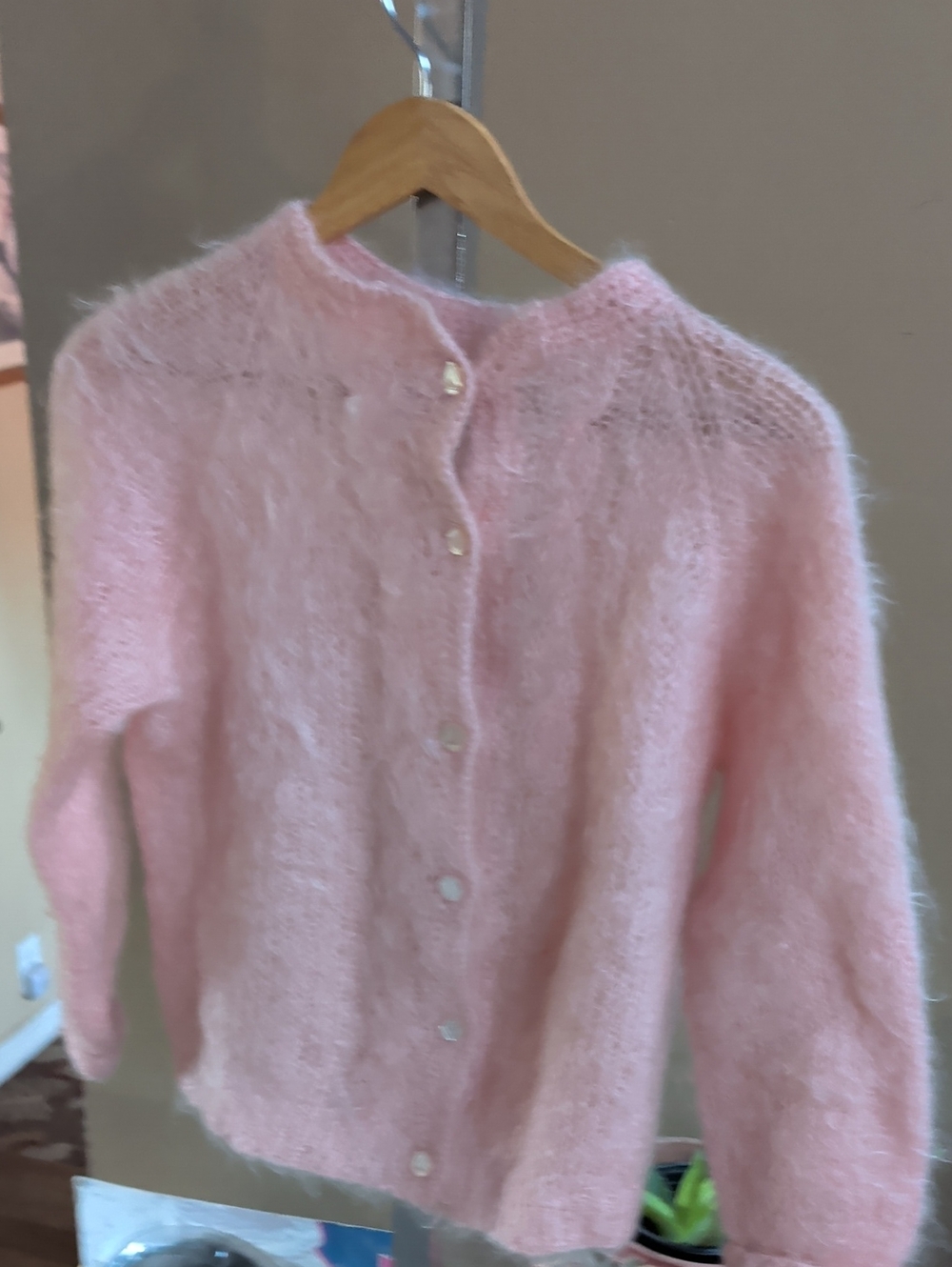 Vintage Soft Pink Fuzzy Button-Up Cardigan